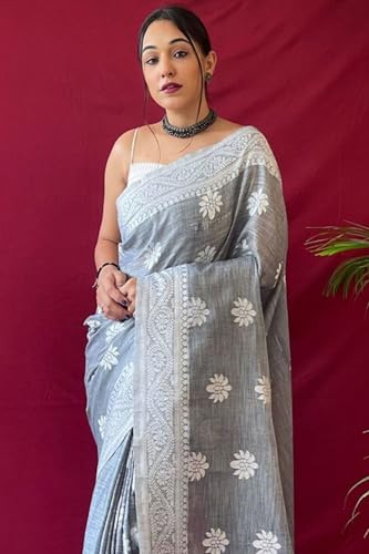 Image of SGF11 Women's Soft Cotton Linen Silk Saree With Blouse Piece