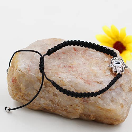 Image of Uloveido Customized A to Z 26 Letters Hand of Fatima Bracelet - Fatima Hamsa Hand Evil Eye Protection Bracelet Lucky Charm Adjustable Braided Black String