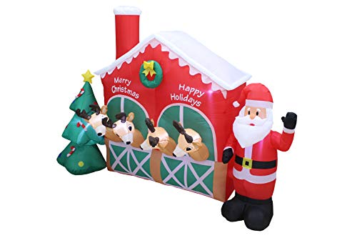 9 Foot Long Christmas Inflatable Santa Claus Reindeer In Stable With Christmas Tree Cute Lights Lighted Blowup Party Decoration For Outdoor Indoor Home Garden Family Prop Yard #TOP2