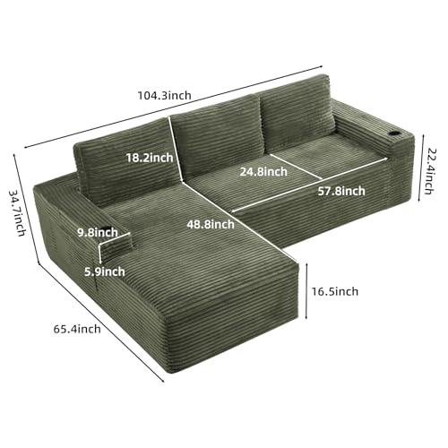 Image of 104 inch L Shaped Boneless Sectional Couches for Living Room, Comfy Corduroy Floor Cloud Sofa with Chaise and Cup Holder, Wide Armrest, Deep Seat, Assembly Free, Ideal for Small Spaces, Green