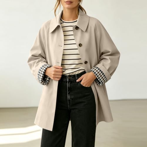 Trench Coat Women Lightweight Barn Jacket Plaid Lined Lapel Button Up Coats - image 2
