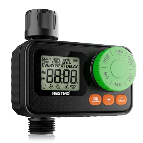 RESTMO Sprinkler Timer, Programmable Water Timer for Garden Hose, Automatic Control | Manual ON/Off | Rain Delay for Outdoor Faucet, Drip Irrigation and Lawn Watering System
