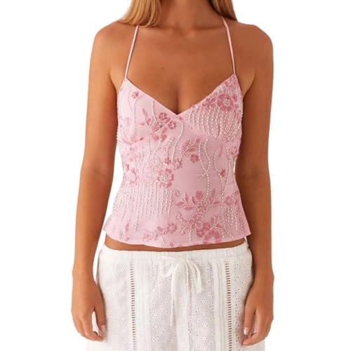 GCZREN Women Y2K Sequin Rhinestone Criss Cross Straps Crop Cami Top Sexy V Neck Backless Floral Embroidery Halter Tank(S,Pink)