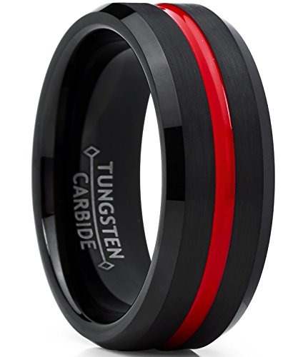 Men's Tungsten Carbide Black Wedding Band Engagement Ring,Grooved Red Center, Comfort Fit 8.5