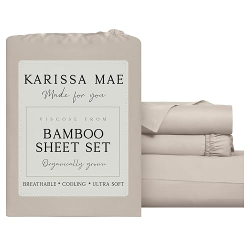 Image of KARISSA MAE Luxury Bamboo Viscose Twin Size Sheet Set | FSC Certified | Cooling | Ultra Soft | 18 inch Deep Pockets | Elastic Corner Straps | Includes Organizer Band [Dune]