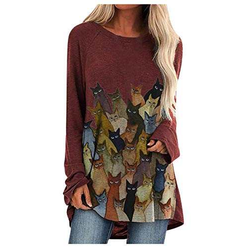 Women's Cat Graphics Print Shirts Cotton Long Sleeve Sweatshirt Crewneck Pullover 3D Printed T-Shirt