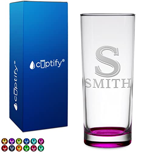 Personalized Drinking Glasses Initial Block 10 oz Pink Bottom Etched Highball Glass with Custom Text Birthday Gift for Women and Men