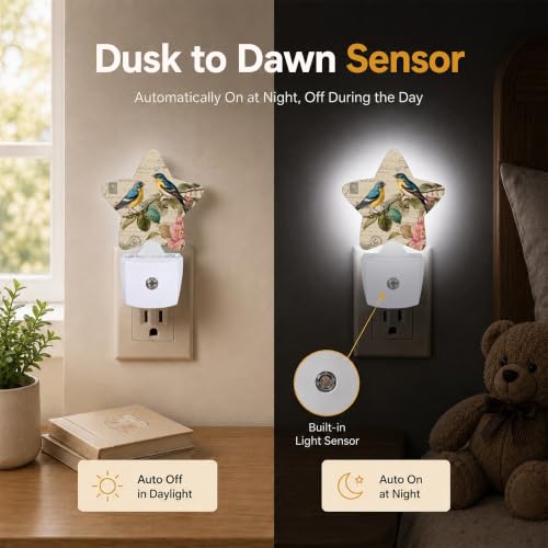 Image of Star Night Light Plug in, Birds Butterflies Dusk to Dawn Sensor Night Light, Soft Glow Lamp for Kids Bedroom Nursery Hallway Bathroom, Energy Saving Compact Design