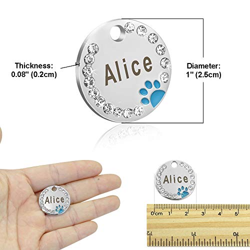 Didog Stainless Steel Custom Engraved Pet Id Tags,Round Crystal Rhinestones Tags With Pretty Paw Print,Double-Side Laser Engraving Tags Fit Small Medium Large Dogs And Kittens,Blue #TOP4
