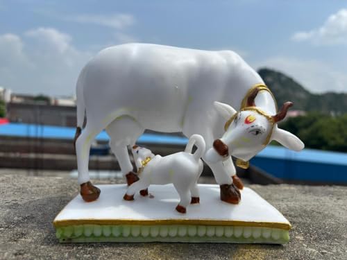 Image of Kamdhenu Cow Statue Cultured Marble Hand Painted Kamadhenu Cow and Calf Figure Animal Figurine House Warming Gift (16L x 8.2W x 15.5H Centimeters)