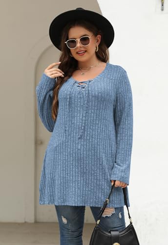 Image of Nemidor Women Plus Size Casual Tunic Top Drawstring V Neck Long Sleeve | 1X-5X plus, ribbed knit, long sweater, solid, semi-fitted flattering cut for curvy women, Fall, Winter, work, daily, dinner