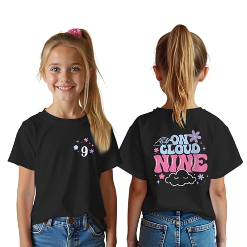 9th Birthday Shirt Girl On Cloud Nine Graphic Tee 9 Year Old Birthday Party T-Shirt Girl Summer Short Sleeve Top