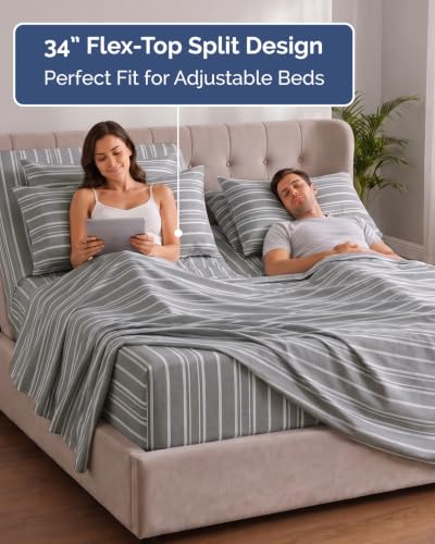 Image of Extra Deep Flex Top Split Head King Sheet Set - 6 Piece Breathable and Cooling Sheets - Hotel Luxury Bedding for Women, Men, Kids & Teens - Easy Secure Fit - Extra Deep Pockets - Grey Stripes 3