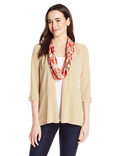 Notations Women's 3/4 Tab Sleeve Sharkbite Cozy Cardigan with Knit Inset and Printed Scarf 3fer