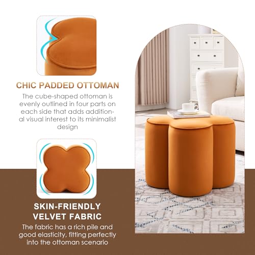 Image of Zesthouse Flower Pouf Ottoman Foot Rest, Velvet Fabric Poofy Ottoman Stool | Large Ottoman Footstool for Couch, Modern Living Room Stool Seat, Cute Square Vanity Stool for Bedroom Orange Dorm Foot Stool