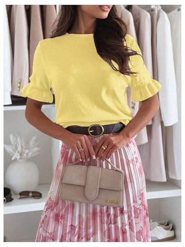 Floerns Women's Flounce Short Sleeve Sweater Crew Neck Knitted Going Out Pullover Tops4