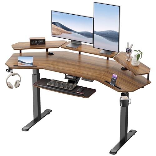 EUREKA ERGONOMIC Standing Desk Adjustable Height, Computer Desk w Keyboard Tray 72″ Gaming Music Studio Desk LED Monitor Stand,Dual Motor,Slot Design,Walnut