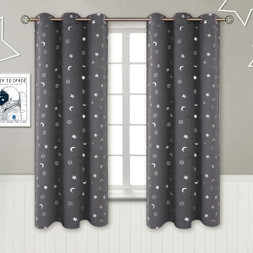 Image of BGment Kids Curtains for Nursery, Star and Moon Blackout Curtains for Boys Girls Bedroom 63 Inch Length, Room Darkening Thermal Insulated Grommet Curtains for Baby, Dark Grey, 2 Panels of 42 x 63 Inch