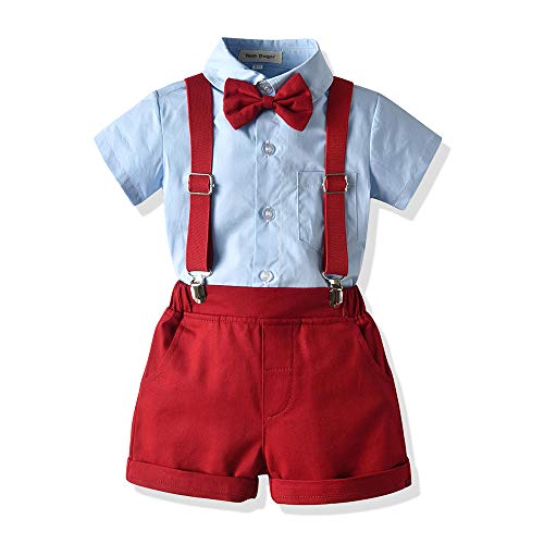 Tem Doger Little Boys Gentleman Outfit Suits Baby Boy Long Short Sleeves Shirt Bowtie Vest Suspenders Pants Shorts Set (R, 80/12-18 Months)