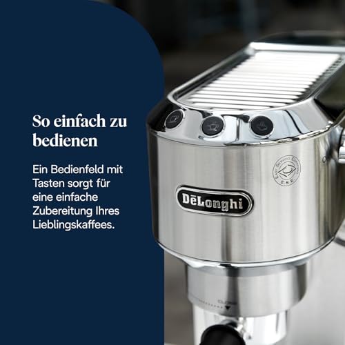 Foto von De'Longhi Dedica Style - Perfetto Kompakte Siebträgermaschine Espressomaschine mit Tasten, manuellem Milchaufschäumer für Espresso und Cappuccino, ESE Pad geeignet, 15cm breit, Metall (EC685.M)