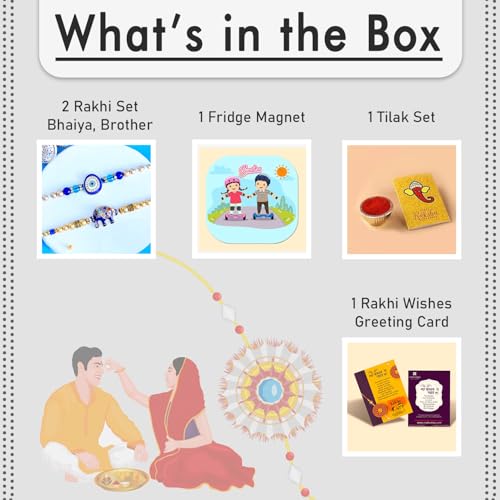 Image of CraftVatika Designer Rakhi for Brother Set of 2 Evil Eye and Blue Elephant With Gift Combo for Brother Bhaiya,Men, women, Boys , Girls, Rakhi for Boys Mens Couple Rakhis for Bhaiya Pair for Bro, Fridge Magnet for Home decor With Greeting Card, Tilak set