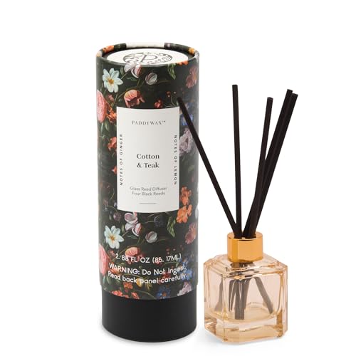 Paddywax Botanica Scented Oil Diffuser with Reeds in Reusable White Glass Bottle, Tubed Gift Box, Includes Diffuser Sticks, Long-Lasting Fragrance, Reusable & Upcyclable, Cotton & Teak, 2.8 fl oz