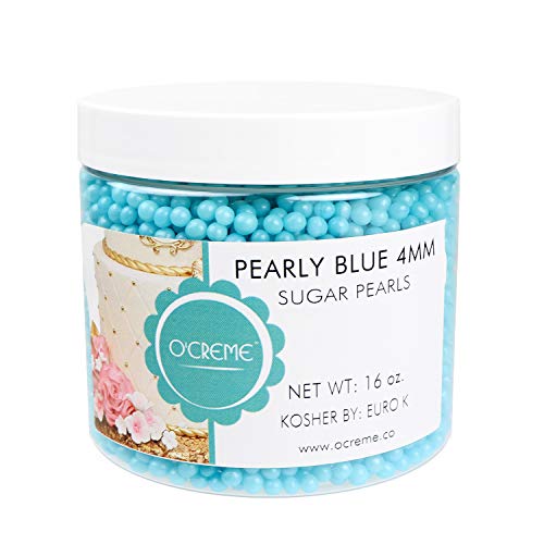 O'Creme Blue Edible Sugar Pearls Cake Decorating Supplies for Bakers: Cookie, Cupcake & Icing Toppings, Beads Sprinkles For Baking, Certified, Candy Sugar Ball Accents (4mm, 16 Oz)