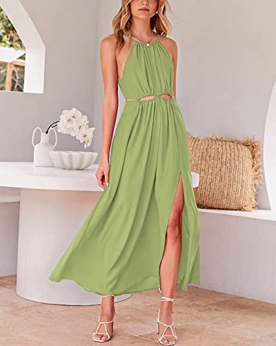 Btfbm Women 2023 Summer Dress Sleeveless Cutout Halter Maxi Backless Boho Casual Beach Party Cocktail Slit Sun Dresses, Solid Green, X-Large #TOP2