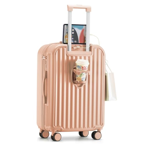 Hard Shell Carry On Luggage With Cup Holder & Charger, 20IN Carry On Luggage With Spinner Wheels, 360° Rotatable, Airline Approved TSA-locked