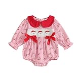 Doisbetthsay Newborn Baby Girls Christmas Outfit Long Sleeve Doll Collar Candy Cane Santa Smocked Romper One Piece Clothes (Bow Romper, 12-18 Months)