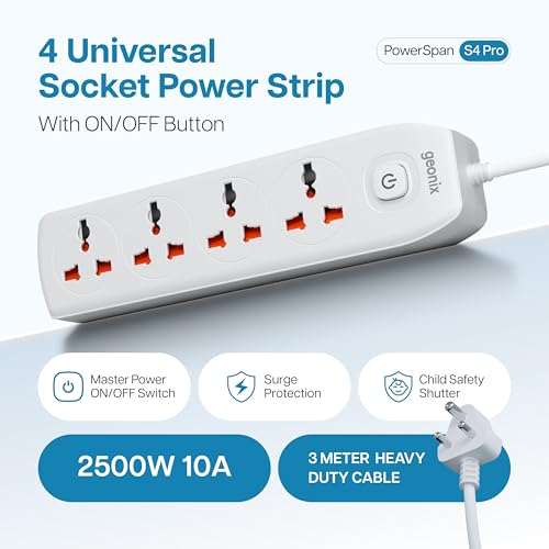 Image of Geonix PowerSpan S4 Pro | Extension Board with 4 Universal Sockets with on Off Button, 3mtr Long Copper Cable, 2500 Watts, 10 Amp Multi Plug for Office & Home Appliances (White)