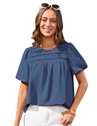 GRACE KARIN Maglietta Elegante Donna Blusa Chiffon Manica Corta Girocollo Casual T-Shirt Top Estiva Blu Denim L