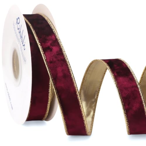 Image of Ribbli Burgundy Crushed Velvet Wired Ribbon 1 inch x 10 Yds Continuous