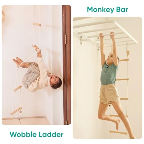 Image of Curious Cub All-in-One Monkey Bars for Kids Indoor Wall Mounted | Kids Pull Up Bar for Home Gym with Swing, Gymnastic Rings & Climbing Ladder | Indoor Jungle Gym Equipment (4+ Years)