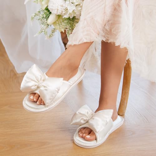 EverFoams Women's Satin Open-Toe Bow Slippers Memory Foam Indoor Bedroom House Shoes2