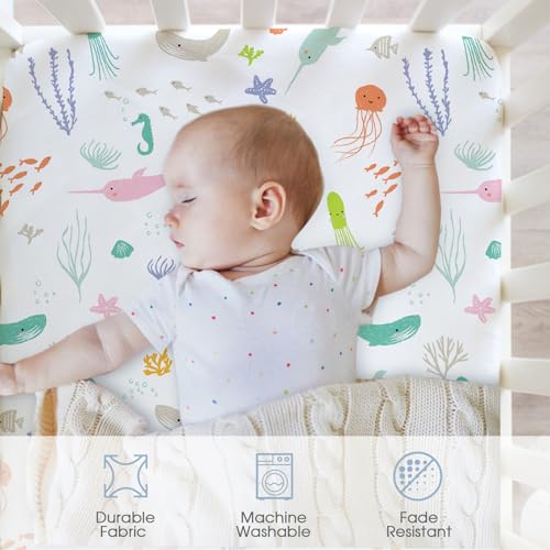 Image of Little Grape Land Crib Sheets 4 Pack, Microfiber Fitted Crib Sheet for Standard Crib Mattress 52 inchx28 inchx8 inch, Soft and Neutral Baby Crib Sheets for Boys and Girls, Breathable & Easy Care, Sea Breeze
