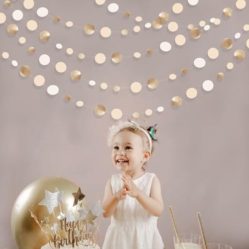 46Ft Champagne Gold Circle Dots Garland Party Decorations Gold Cream Beige Hanging Paper Polka Dots Streamer for Birthday Wedding Bridal Baby Shower Bachelorette Anniversary Boho Party Decoration - Image 2