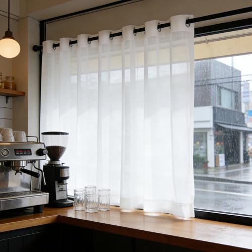 LIJIAO Cortinas Visillos 142 x 200 cm Aspecto de Lino, con Ojales, Translucido, Fitrado de Luz, Suaves, Color Puro, Decorativos, Cortinas Dormitorio Cortas para Dormitorio Balcón, Blanco
