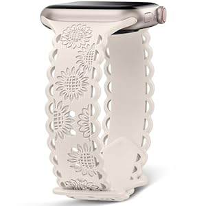 Sunflower Engraved Band Compatible with Apple Watch Band 40mm 41mm 38mm 42mm 44mm 45mm 49mm Women,Lace Hollow-out Sport Soft Floral Silicone Strap for iWatch Series 9 8 6 5 4 3 2 1 SE Ultra Ultra 2
