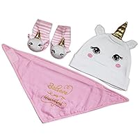 Metzuyan Newborn Baby Girls Unicorn Hat Bib & Socks With Rattle Bells Set Size 0-6 Months