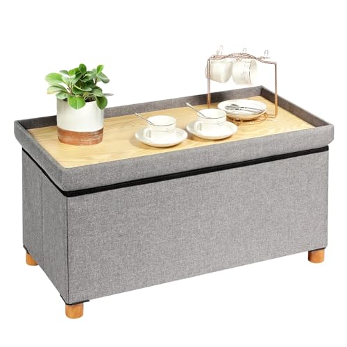 Bonlife Footstool for Living Room,Grey Ottoman Storage Box with Tray,Folding Ottoman Coffee Table with Storag,76x38x38cm