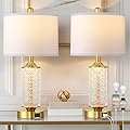 QiMH Set of 2 Table Lamps with USB A+C Ports, Modern Bedside Lamp with LED Night Light, Bedside Lamp for Bedroom, Nightstand Lamps for Living Room Office (Gold)(2 Bulbs Include)
