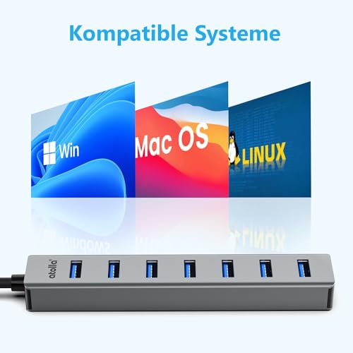 Hub USB 3.0 a 7 porte con cavo da 100 cm, hub USB in alluminio con multiplo USB 3.0 5 Gbps dati e 5 V/3 V Type-C, splitter USB multiplo per PC portatile - Hub USB - Immagine 5
