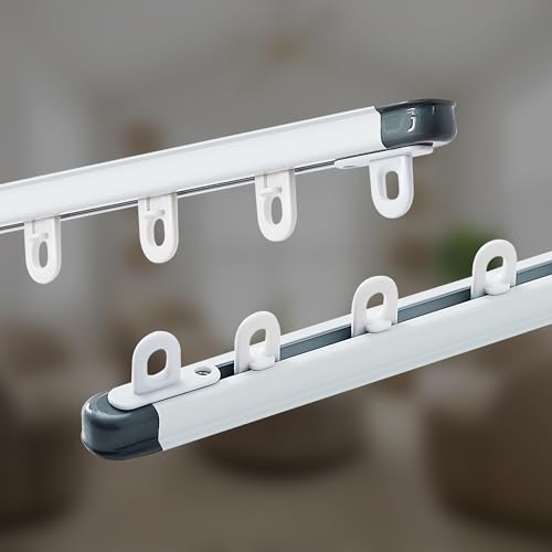 RYB HOME Ceiling Curtain Track Retractable Slider Curtain Track System Heavy Duty Easy Install for Living Room Divider Hospital Bedroom Sliding Glass Door, Matte White, 7.2-8.9 FT, 1 Set