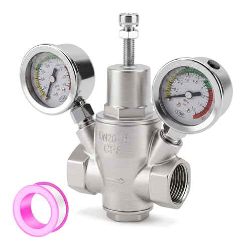 MEANLIN MEASURE 3/4" Piston Water Pressure Reducing Valve, DN20, 304 Stainless Steel Adjustable Pressure Regulator with Dual 0-220 PSI Gauges, for Home Plumbing, Industrial Water Pipe System
