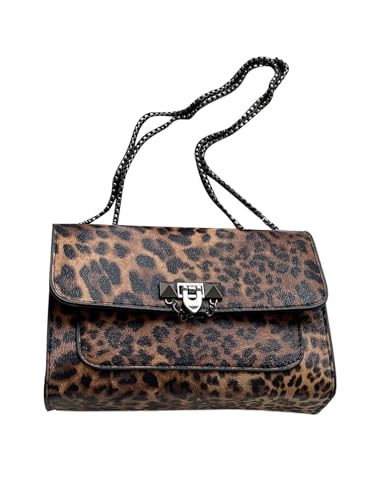 SweatyRocks Women's Leopard Print Flap Shoulder Bag Top Handle Leather Crossbody Purses with Chain Strap