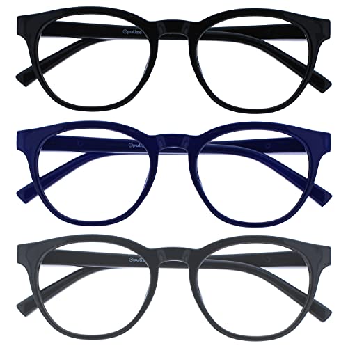 Image of OPULIZE BLU Blue Light Blocking Reading Glasses for Women Men, Cool Round Frame with Anti-Glare Computer and Gaming Eyewear, UV and Eyestrain Protection, Black Blue Grey +2.50 (Pack of 3)