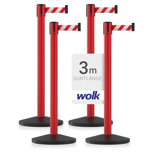 Gurtpfosten - 4er Set - Pfostenhöhe: 100,0 cm, Gurtlänge: 3,0 m, Gurtbandbreite: 5,0 cm - Metallpfosten rot, Gurtfarbe rot/weiß
