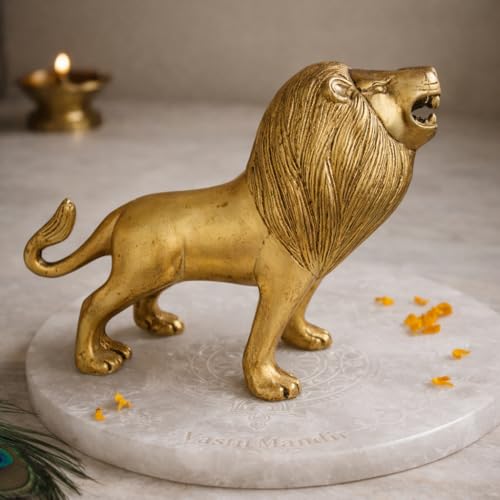 Image of Pure Brass Roaring Lion Statue, Gold Finish, Decorative Religious Figurine for Home and Office, North-East Zone Placement, Traditional Art Deco Style | 16x6x14 cm | 985g