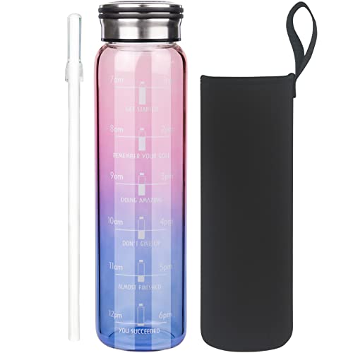 Cleesmil Motivierende 1 Liter Trinkflasche Glas Wasserflasche mit Strohhalm & Zeitmarkierungen, Glasflasche mit Neoprenhülle, Kohlensäure Geeignet, Farbverlauf Rosa / Blau Cover